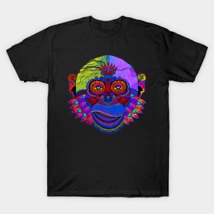 Multicolored Pop Art Monkey Face with Feathers T-Shirt